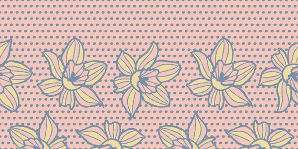 Vector pink flowers dots border seamless pattern — Stock Vector