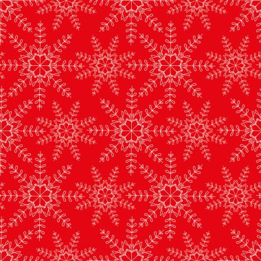 Vektör kırmızı beyaz yıldızlar, kar taneleri pürüzsüz desen oluşturur
