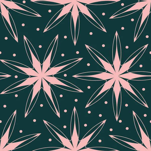 矢量绿色雪花星粉红无缝图案 — 图库矢量图片
