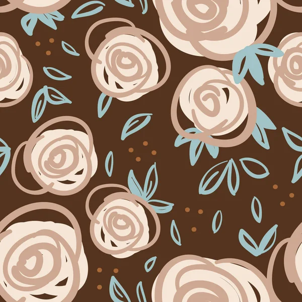 Vector dots ecru roses doodle brown repeat pattern — Stock Vector