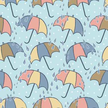 Vektör yağmuru pastel şemsiyeler mavi, pürüzsüz desen