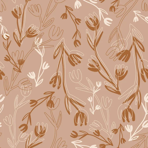 Vector dibujado beige marrón patrón sin costura floral — Archivo Imágenes Vectoriales