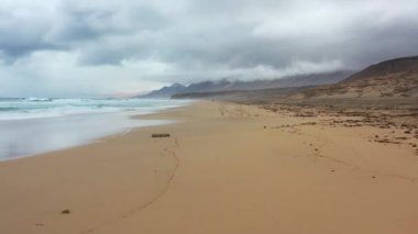 Drone, Corralejo Sahili 'nin altın kumları boyunca koşup güneşin, denizin ve özgürlüğün tadını çıkaran mutlu bir heteroseksüel çifti çekiyor. Yaşam tarzı, seyahat ya da romantik içerik için mükemmel.