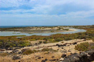İspanya 'nın Kanarya Adaları, Fuerteventura yakınlarında korunan volkanik bir ada olan Lobos Adası' nda kristal berrak sulara sahip turkuaz doğal göller..