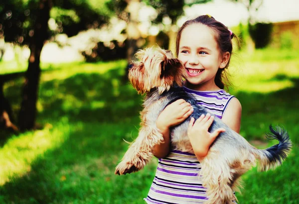 çizgili kazaklı kız gülümsüyor ve küçük bir köpek tutar