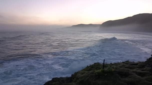 Giant Waves Massive Force Crashing Rocks Sunrise — Stock Video