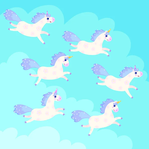 Manada Unicornios Blancos Galopando Cielo Azul Nublado — Archivo Imágenes Vectoriales