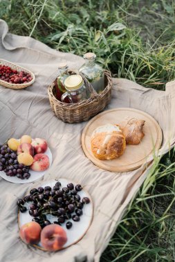 Piknik. Taze fırın. Tahta kesme tahtasında ev yapımı ekmek ve açık havada masa örtüsü. Ev yapımı pişirme. İçinde güzel şişeler olan bir sepet. Böğürtlenler ve meyveler beyaz tabaklar üzerinde çimlerin üzerinde masa örtüsü üzerinde