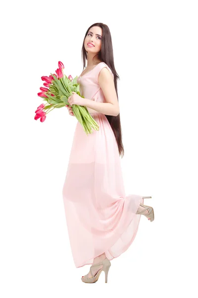 Mujer con ramo de tulipanes — Foto de Stock
