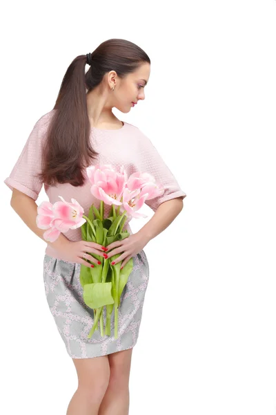 Mujer con ramo de tulipanes — Foto de Stock