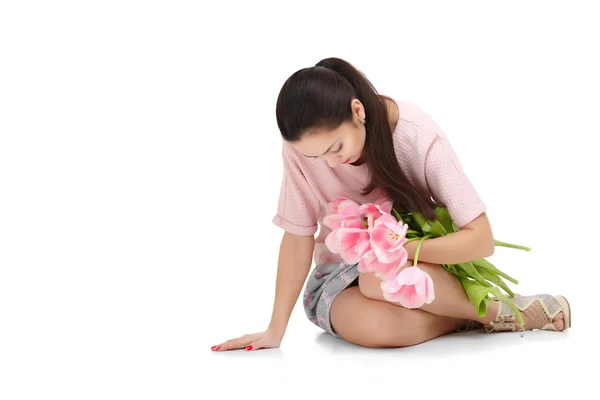 Mujer con ramo de tulipanes — Foto de Stock