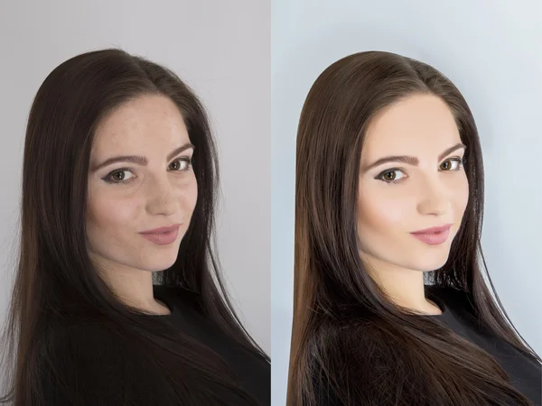 Γυναίκα, πριν και μετά το ρετουσάρισμα — Φωτογραφία Αρχείου