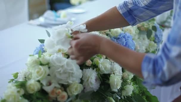 Händerna korrigeras blommor i en bukett — Stockvideo