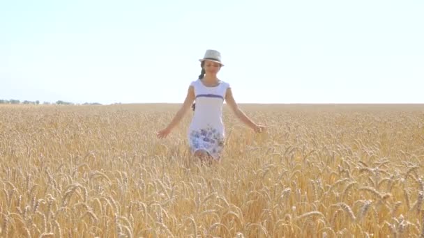 Jovem mulher de vestido branco andando em um campo de trigo — Vídeo de Stock