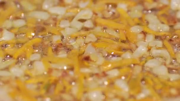 Sautierten Zwiebeln und Karotten in einer Pfanne gebraten — Stockvideo