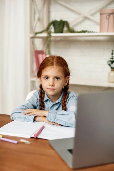 Маленькая девочка с помощью ноутбука для обучения в Интернете — стоковое фото