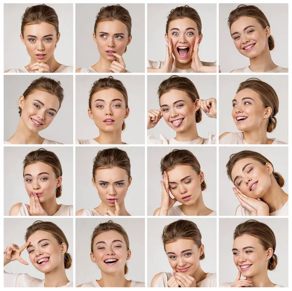 Collage van portretten van jonge mooie vrouw met verschillende emoties — Stockfoto