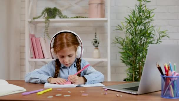 Klein kind meisje met laptop computer voor het bestuderen van online e-learning systeem — Stockvideo