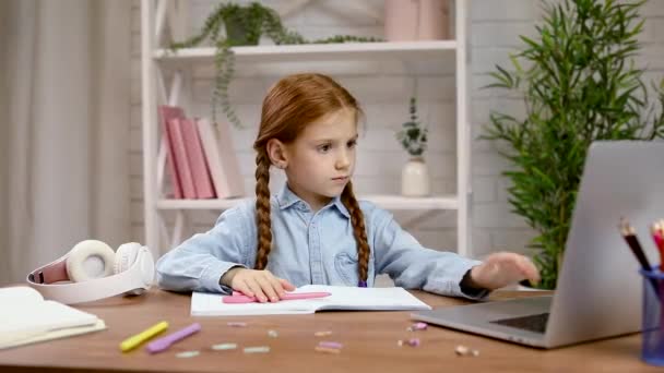 子供の女の子はオンラインで勉強するためにラップトップを使って教師とビデオ通話をしています — ストック動画