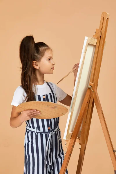 รูปภาพของเด็กสาวสวยถือจานสีศิลปะไม้และแปรงบนพื้นหลังสตูดิโอ — ภาพถ่ายสต็อก
