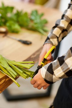 Çiçekçi taze sarı lalelerden bir buket yapar..