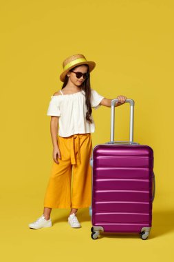 Pembe bavullu mutlu küçük kız.