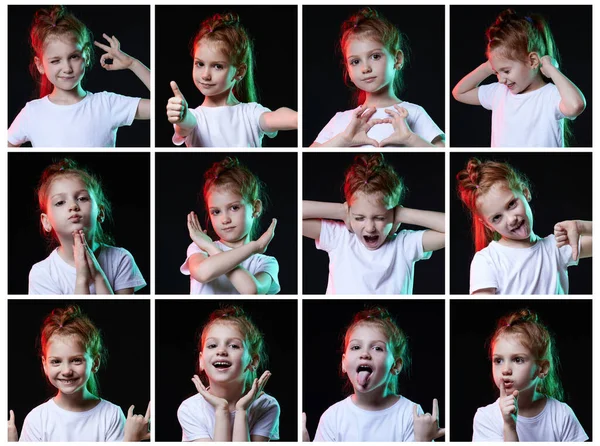 Collage van kinderen gezichten met verschillende positieve en negatieve emoties. — Stockfoto