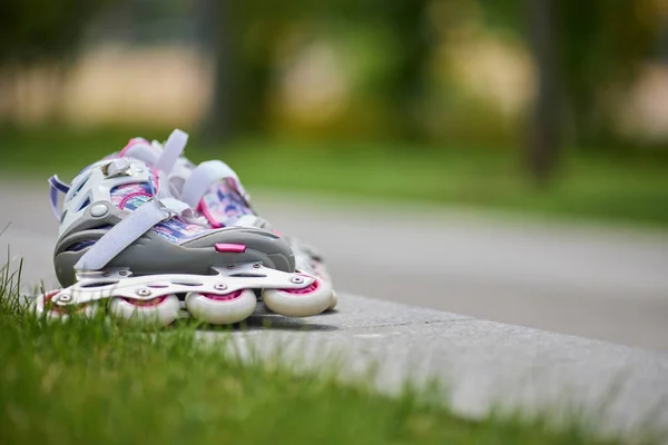 Pair of stylish roller skates on nature background — Stock Photo, Image