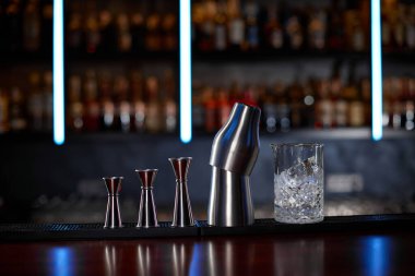 different bar steel tools for preparation cocktails