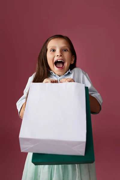 행복 한 어린 소녀가 쇼핑백을 많이 들고 있다 — 스톡 사진