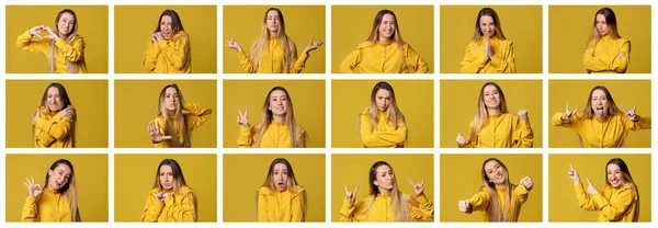 Collage van verschillende gezichtsuitdrukkingen van jonge vrouw — Stockfoto