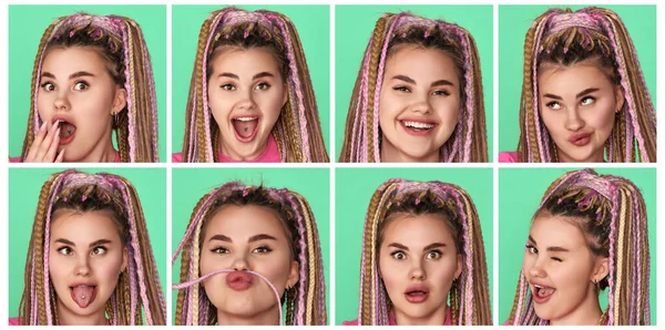 Collage van verschillende gezichtsuitdrukkingen van jonge vrouw met dreadlocks — Stockfoto