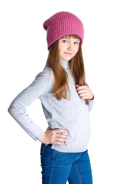 Niña con sombrero de punto rosa —  Fotos de Stock