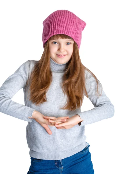 Barn flicka klädd i rosa Stickad mössa — Stockfoto