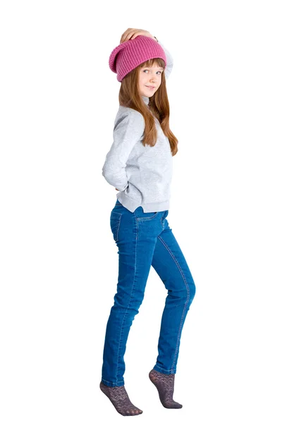 Enfant fille portant un chapeau tricoté rose — Photo