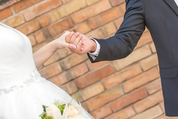 Hochzeitspaar hält Händchen — Stockfoto