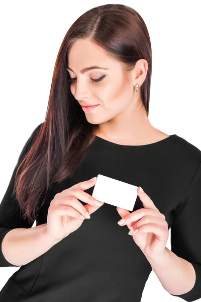 Mulher de negócios segurando cartão de crédito — Fotografia de Stock