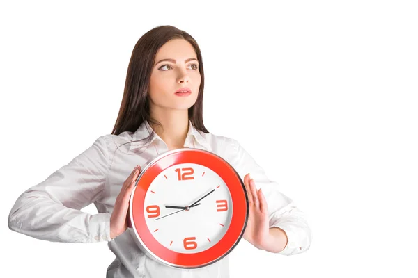 Businesswoman holding  clock — Stock Photo, Image