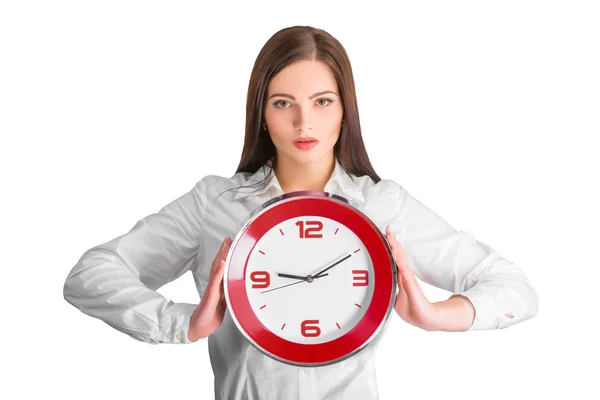 Businesswoman holding  clock — Stock Photo, Image