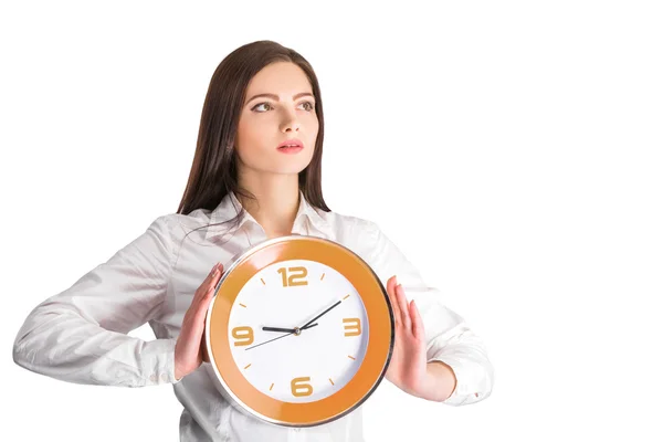 Bizneswoman gospodarstwa zegar — Zdjęcie stockowe
