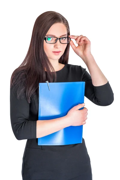 Empresária em óculos com pasta — Fotografia de Stock