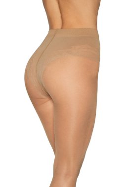 Beyaz arka planda bej taytlı uygun kadın bacaklarının arka görünümü