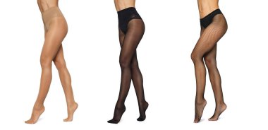 Beyaz arka planda uzun ve seksi kadın bacaklarında farklı külotlu çorap koleksiyonu..