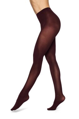 Beautiful long fit female legs in maroon tights on white background