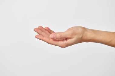 Beyaz arka planda açık bir avuç içi hareketi gösteren insan eli.