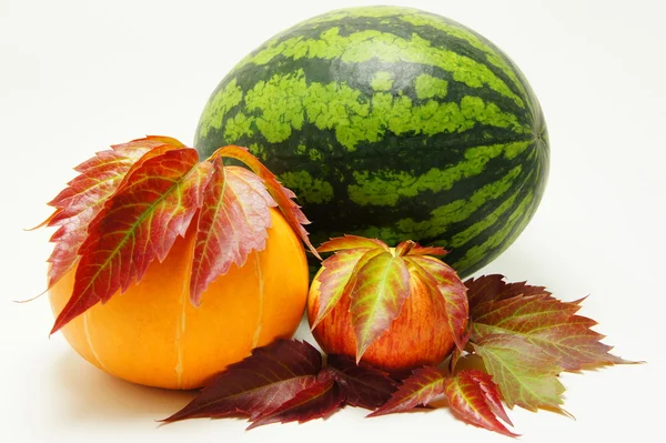 Watermelon, pumpkin and apple with autumn leaves. — Stock Photo, Image