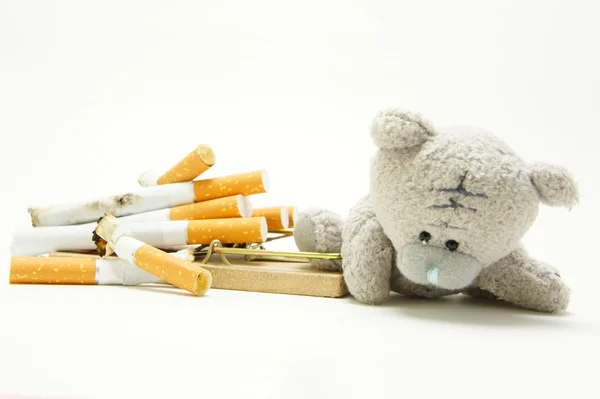 Çocuklar için sigara tehlikeleri. Ayı bir fare kapanı sigara ile sıkışmış..