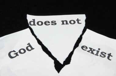 Atheism. Doubt in the faith. Sheet of paper with the inscription. clipart
