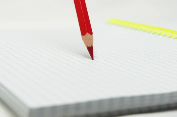 Red pencil standing on notebook. — Stock Photo, Image