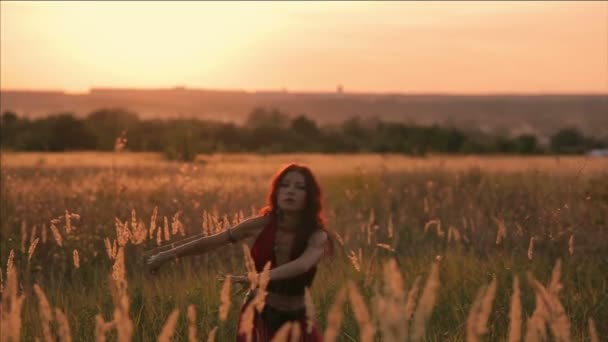 Gypsy dance during the sunset. The long shot. — Stock Video